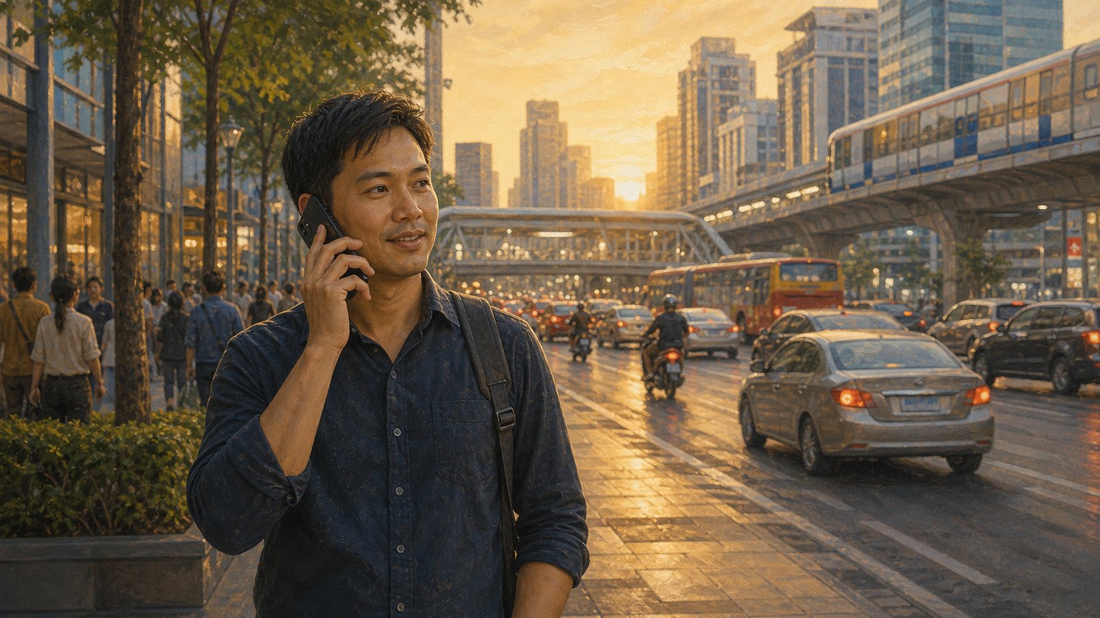Editorial-style artwork of a Southeast Asian adult speaking by phone on a busy Bangkok street