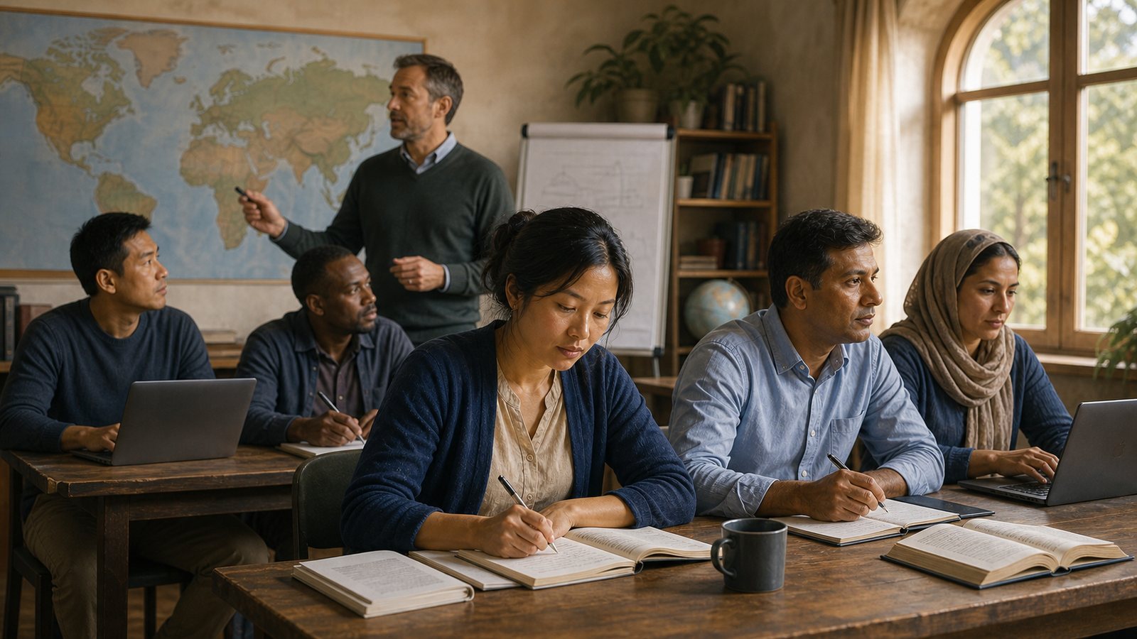 Editorial-style artwork of missionary readiness learners studying in a classroom