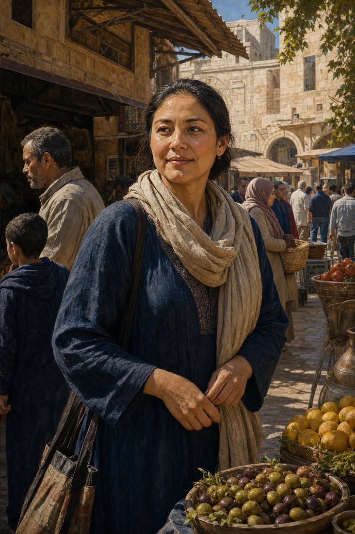 Editorial-style artwork of an adult woman in a warm market courtyard