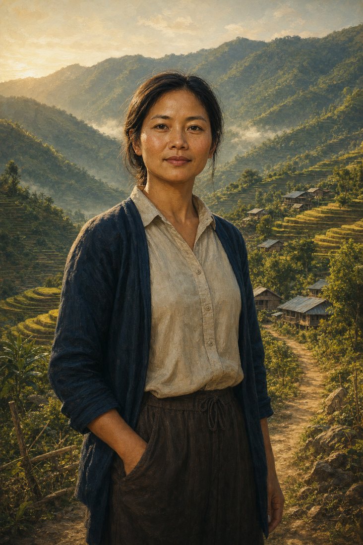 Editorial-style artwork of an adult woman in terraced upland farmlands