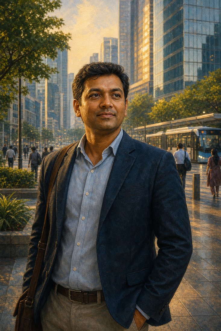 Editorial-style artwork of an adult man in a modern South Asian city
