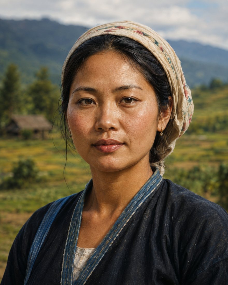Editorial-style close portrait of an adult woman with farmland in the background
