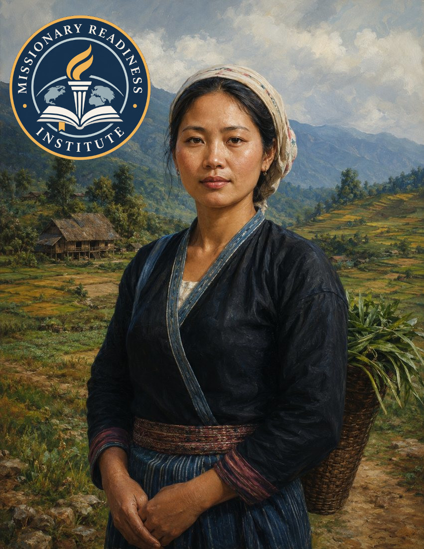 Editorial-style artwork of an adult woman standing in upland farmland with the Missionary Readiness Institute logo