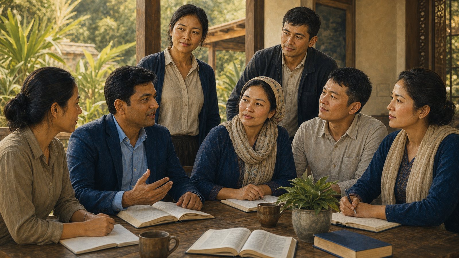 Editorial-style artwork of a diverse group of adults gathered for missionary readiness training