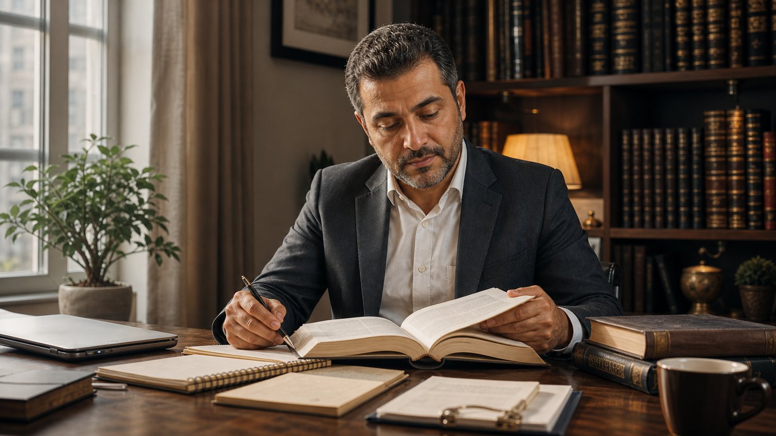 Editorial-style artwork of a legal advisor reviewing a law book in an office