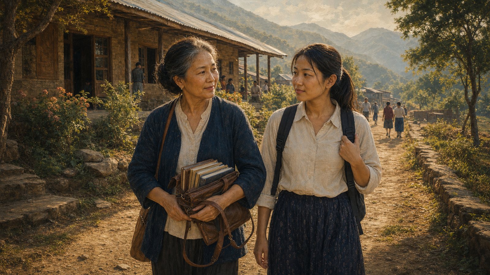 Editorial-style artwork of an older mentor walking with a younger student in a mission field setting
